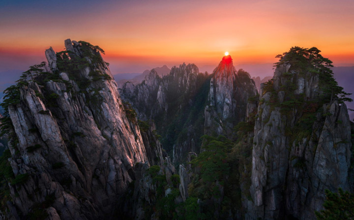 coucher soleil huang shan chine