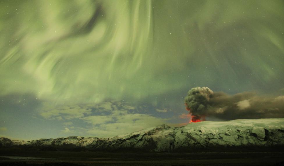 File photo of the Northern Lights as seen above the ash plume of Iceland's Eyjafjallajokull volcano in the evening