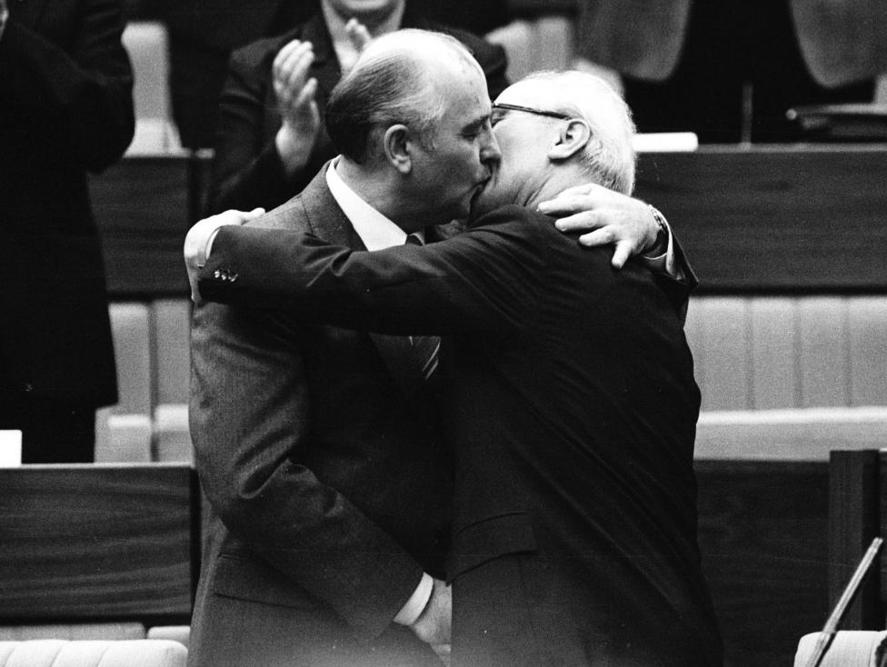 File photo of Soviet Leader Mikhail Gorbachev kissing East German Leader Erich Honecker