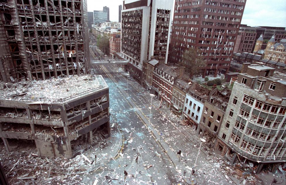 File photo of the bomb damaged area of the City of London after two blasts ripped through the buildings in the area