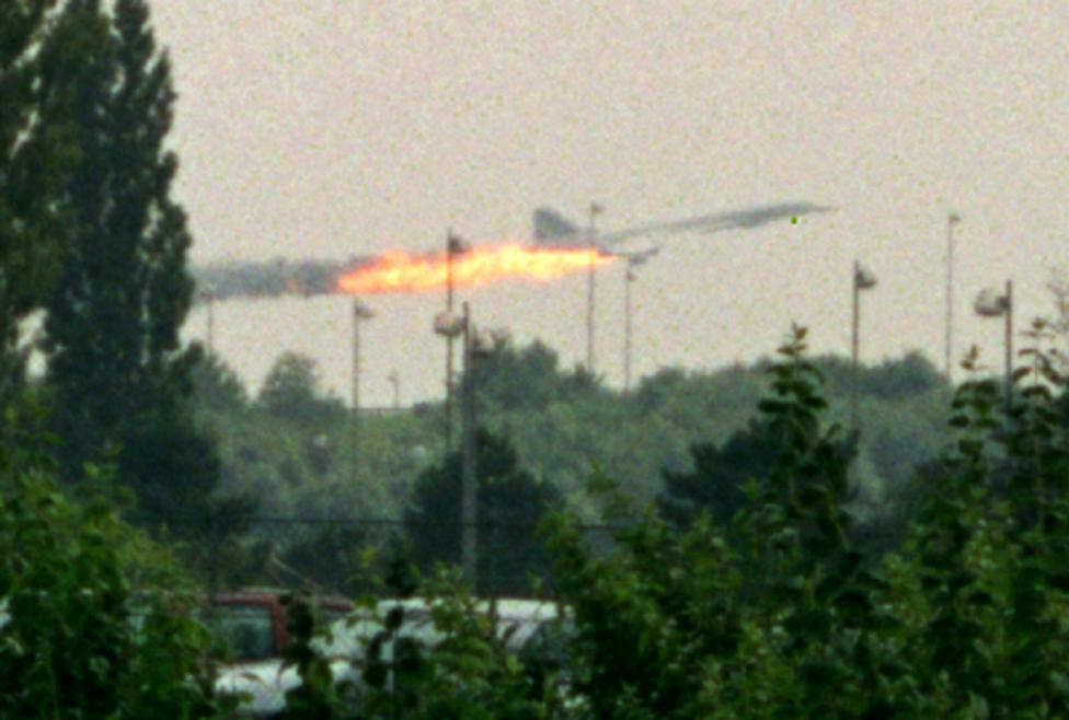 File photo shows flames coming out of the Air France Concorde seconds before it crashed in Gonesse near Paris Roissy airport