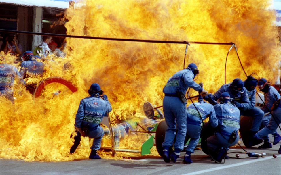 File photo of petrol spraying on the Formula One racing car of Netherland's Jas Verstappen during refueling