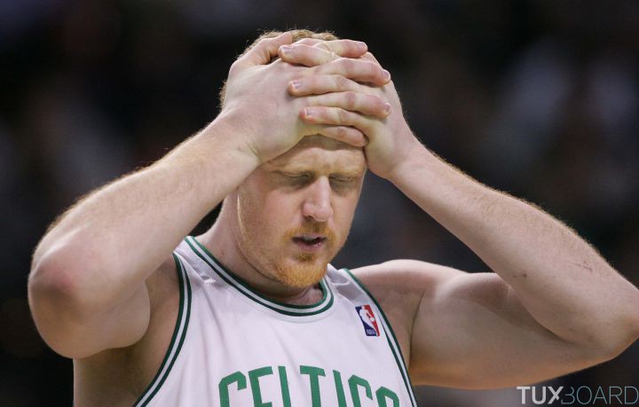 BOSTON, MA--Sunday, January 25, 2009--Dallas Mavericks at Boston Celtics. PICTURED IS: Brian Scalabrine reacts after being called for a foul in the second half. The Providence Journal/Glenn Osmundson