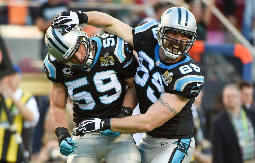 Feb 7, 2016; Santa Clara, CA, USA; Carolina Panthers middle linebacker Luke Kuechly (59) and defensive end Jared Allen (69) celebrate a sack during the second quarter against the Denver Broncos in Super Bowl 50 at Levi's Stadium. Mandatory Credit: Kyle Terada-USA TODAY Sports ORG XMIT: USATSI-245820 ORIG FILE ID: 20160207_sal_st3_108.JPG