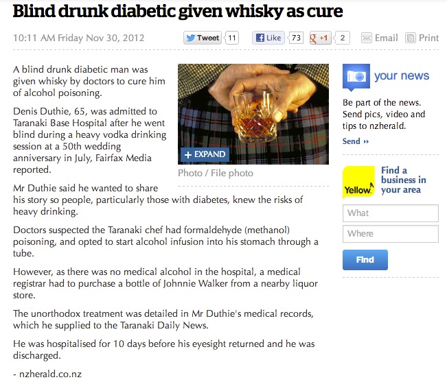 Blind drunk diabetic given whisky as cure