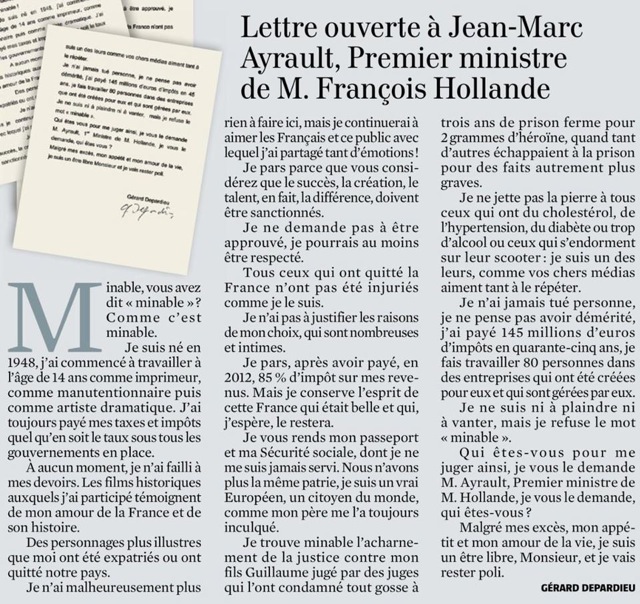Gerard Depardieu lettre ouverte  Jean-Marc Ayrault JDD