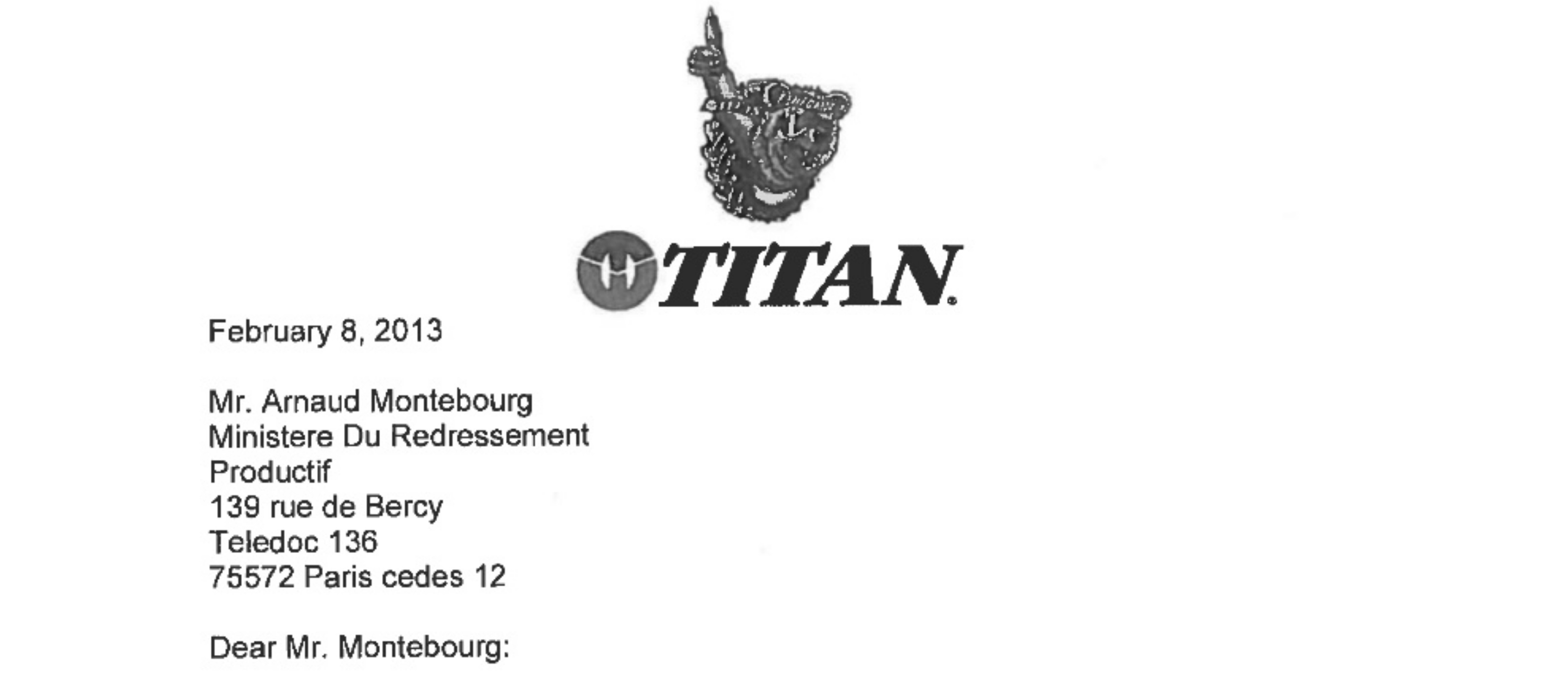 lettre PDG Titan Montebourg Goodyear