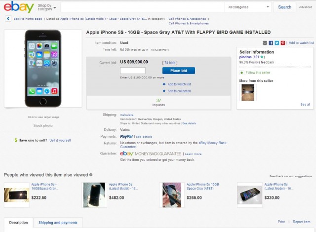 iPhone 5S ebay Flappy Bird 100 000 dollars