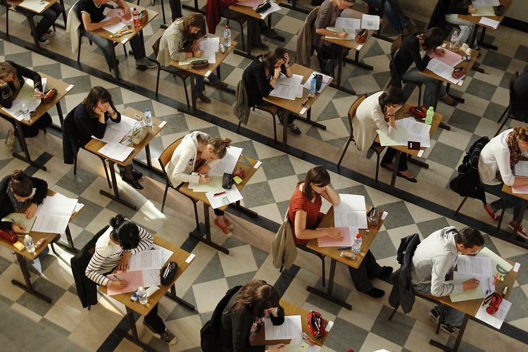 Students sit for the philosophy baccalaureate exam at the French Clemenceau Lycee in Nantes