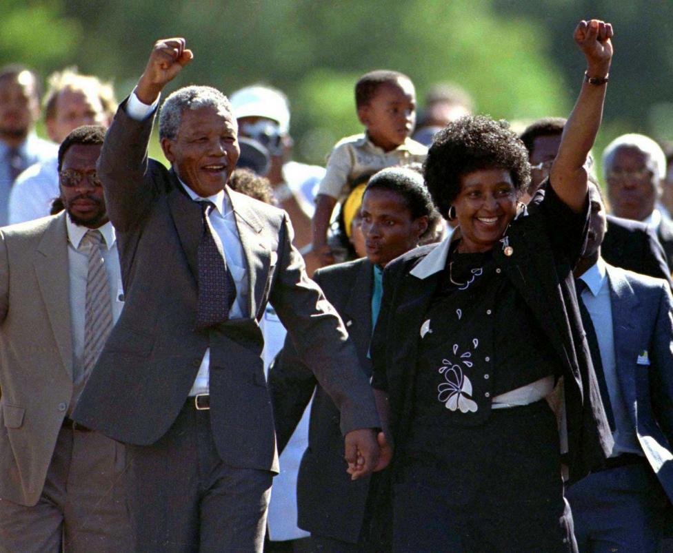 File photo of Nelson Mandela accompanied by his wife Winnie, walking out of the Victor Verster prison, near Cape Town, after spending 27 years in apartheid jails