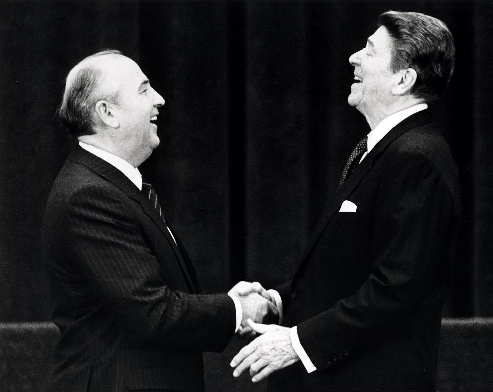 File photo of U.S. President Ronald Reagan shaking hands with Soviet leader Mikhail Gorbachev in Geneva