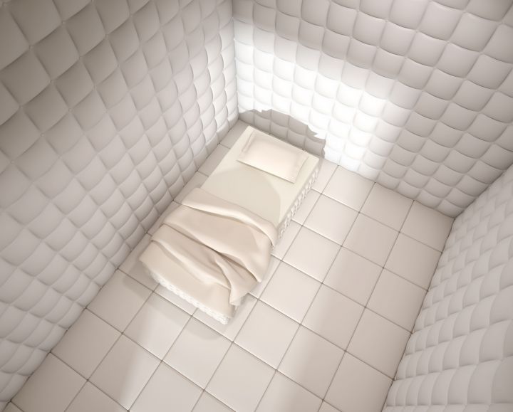 mental hospital padded room seen from above with a single bed