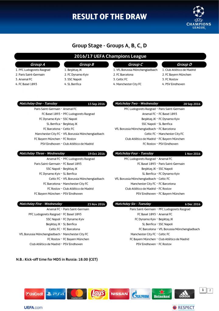 ligue des champions 2016 2017 calendrier