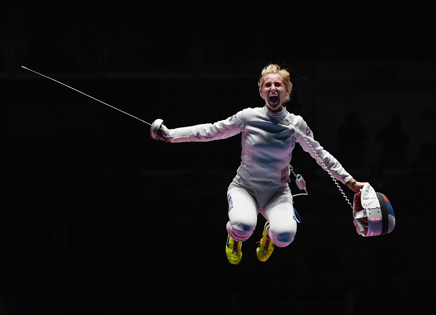 RIO DE JANEIRO, BRAZIL - AUGUST 11: Violetta Kolobova of Russia celebrates after defeating Irina Embrich of Estonia to help Russia win the Women's Epee Team Bronze Medal Match bout on Day 6 of the 2016 Rio Olympics at Carioca Arena 3 on August 11, 2016 in Rio de Janeiro, Brazil. (Photo by Laurence Griffiths/Getty Images)