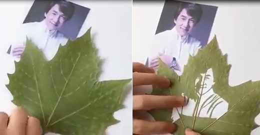 Un portrait de Jackie Chan réalisé avec une feuille d’érable