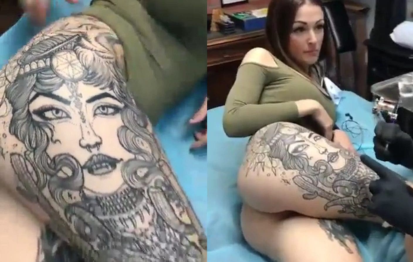 On n’est pas encore sure du plus impressionnant : son tatouage, ses fesses ou le fait qu’elle a un tatouage énorme sur ses jambes