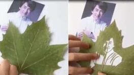 Un portrait de Jackie Chan réalisé avec une feuille d’érable