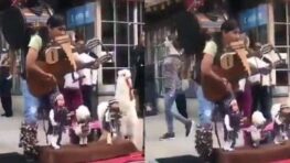 Cet artiste de rue divertit les passants en jouant avec plusieurs instruments et des marionnettes en même temps