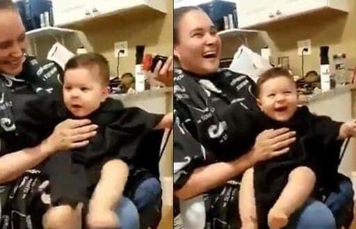 Un bébé qui s’est fait couper les cheveux avec une tondeuse fait rire toutes les personnes du salon
